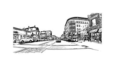 Concord 'un simgesi olan Print Building View New Hampshire şehridir. Vektörde elle çizilmiş çizim çizimi.