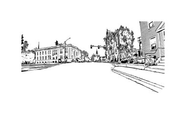 Concord 'un simgesi olan Print Building View New Hampshire şehridir. Vektörde elle çizilmiş çizim çizimi.