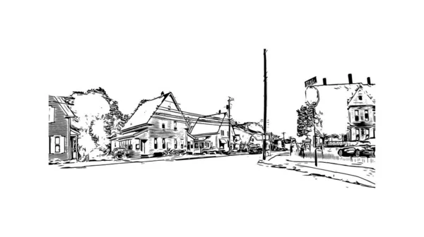 コンコードのランドマークと印刷建物のビューは ニューハンプシャー州の都市です 手描きのスケッチ図ベクトル — ストックベクタ