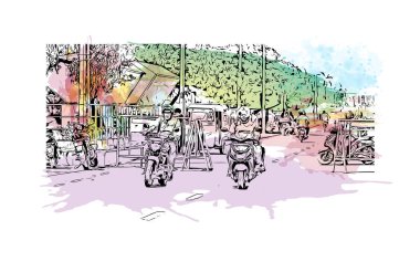 Chennai 'nin simgesi olan Print Building View, Hindistan' da bir şehirdir. Vektörde elle çizilmiş resim ile suluboya sıçraması.