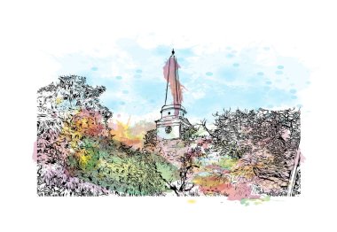 Chennai 'nin simgesi olan Print Building View, Hindistan' da bir şehirdir. Vektörde elle çizilmiş resim ile suluboya sıçraması.