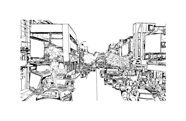 印刷チェンナイのランドマークとビルのビューは インドの都市です 手描きのスケッチ図ベクトル — ストックベクタ