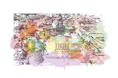 Kolombiya 'nın simgesi olan Print Building View, Missouri' nin merkezinde bir şehirdir. Vektörde elle çizilmiş resim ile suluboya sıçraması.