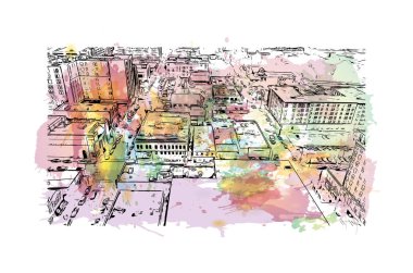 Kolombiya 'nın simgesi olan Print Building View, Missouri' nin merkezinde bir şehirdir. Vektörde elle çizilmiş resim ile suluboya sıçraması.