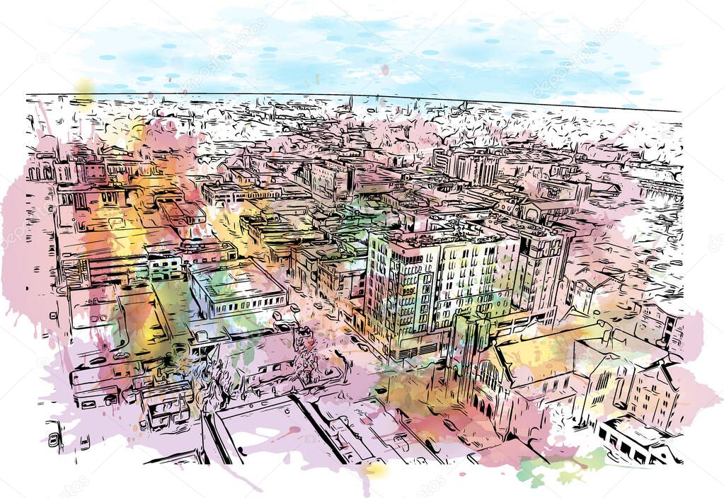 Print Building view with landmark of Columbia is a city in central Missouri. Watercolor splash with hand drawn sketch illustration in vector.