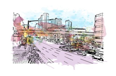 Print Building view with landmark of Daegu is the city in South Korea. Vektörde elle çizilmiş resim ile suluboya sıçraması.