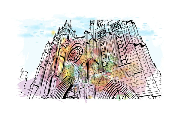 Print Building view with landmark of Daegu is the city in South Korea. Vektörde elle çizilmiş resim ile suluboya sıçraması.