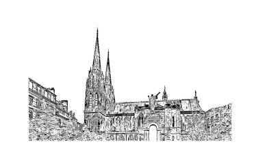 Print Building view with landmark of Clermont Ferrand, Fransa 'nın orta kesiminde bir üniversite şehridir. Vektörde elle çizilmiş çizim çizimi.