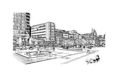 Print Building view with landmark of Clermont Ferrand, Fransa 'nın orta kesiminde bir üniversite şehridir. Vektörde elle çizilmiş çizim çizimi.