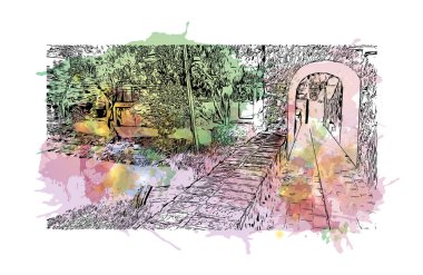 Ciudad Obregon 'un simgesi olan Print Building View Meksika' da bir şehirdir. Vektörde elle çizilmiş resim ile suluboya sıçraması.