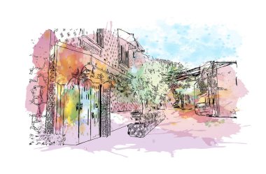 Ciudad Obregon 'un simgesi olan Print Building View Meksika' da bir şehirdir. Vektörde elle çizilmiş resim ile suluboya sıçraması.