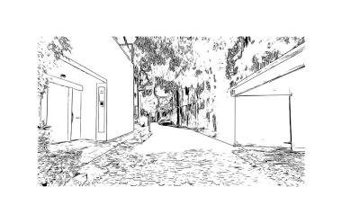 Ciudad Obregon 'un simgesi olan Print Building View Meksika' da bir şehirdir. Vektörde elle çizilmiş çizim çizimi.