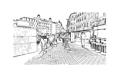 Brno, Çek Cumhuriyeti 'nde yer alan bir şehirdir. Vektörde elle çizilmiş çizim çizimi.