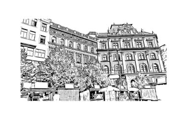 Brno, Çek Cumhuriyeti 'nde yer alan bir şehirdir. Vektörde elle çizilmiş çizim çizimi.