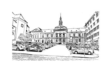 Brno, Çek Cumhuriyeti 'nde yer alan bir şehirdir. Vektörde elle çizilmiş çizim çizimi.