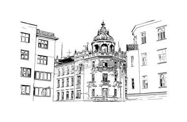 Brno, Çek Cumhuriyeti 'nde yer alan bir şehirdir. Vektörde elle çizilmiş çizim çizimi.