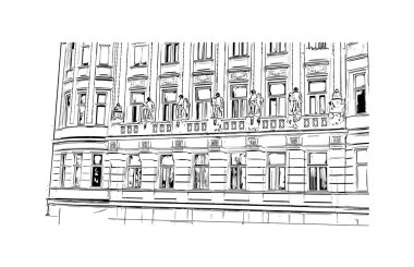 Brno, Çek Cumhuriyeti 'nde yer alan bir şehirdir. Vektör içinde el çizimi çizimi eşkali ile suluboya sıçraması.