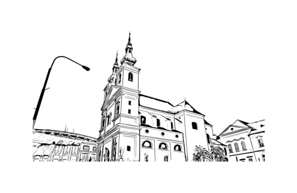 Print uilding view with landmark of Brno is a city in the Czech Republic. Hand drawn sketch illustration in vector.