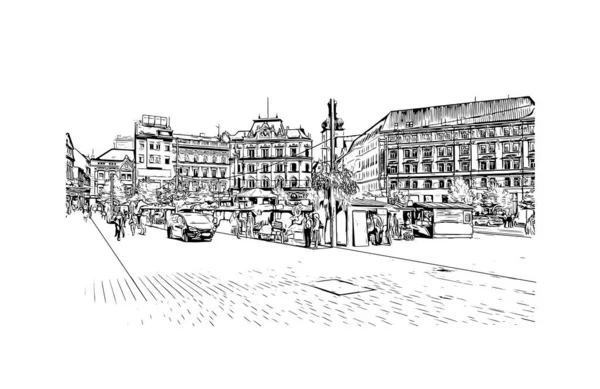 Utskriftsvänlig Med Landmärke Brno Stad Tjeckien Handritad Skiss Illustration Vektor — Stock vektor