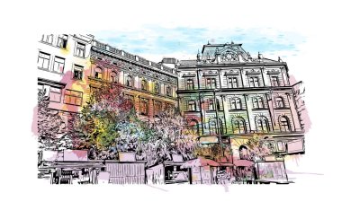 Brno, Çek Cumhuriyeti 'nde yer alan bir şehirdir. Vektör içinde el çizimi çizimi eşkali ile suluboya sıçraması.