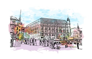 Brno, Çek Cumhuriyeti 'nde yer alan bir şehirdir. Vektör içinde el çizimi çizimi eşkali ile suluboya sıçraması.