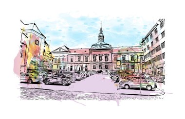 Brno, Çek Cumhuriyeti 'nde yer alan bir şehirdir. Vektör içinde el çizimi çizimi eşkali ile suluboya sıçraması.