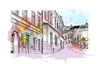 Brno, Çek Cumhuriyeti 'nde yer alan bir şehirdir. Vektör içinde el çizimi çizimi eşkali ile suluboya sıçraması.