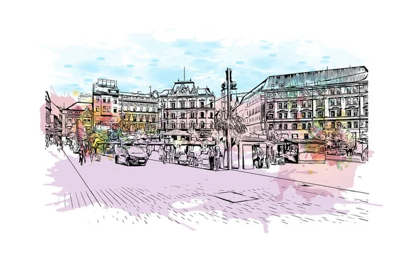 Print Gebouwenzicht Met Herkenningspunt Brno Een Stad Tsjechië Aquarelplons Met — Stockvector