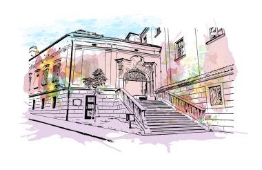 Brno, Çek Cumhuriyeti 'nde yer alan bir şehirdir. Vektörde elle çizilmiş resim ile suluboya sıçraması.