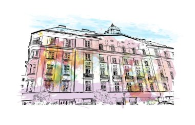 Brno, Çek Cumhuriyeti 'nde yer alan bir şehirdir. Vektörde elle çizilmiş resim ile suluboya sıçraması.