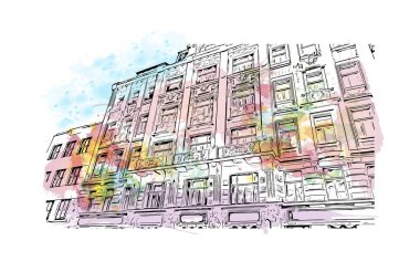 Brno, Çek Cumhuriyeti 'nde yer alan bir şehirdir. Vektörde elle çizilmiş resim ile suluboya sıçraması.