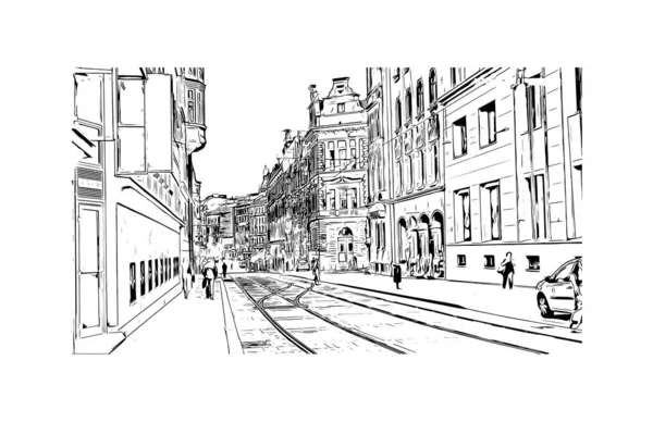 Print Building View Landmark Brno Stad Tjeckien Handritad Skiss Illustration — Stock vektor
