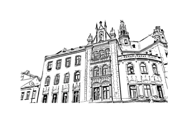 印刷ブルノのランドマークと建物の眺めは チェコ共和国の都市です 手描きのスケッチ図ベクトル — ストックベクタ