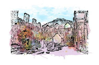 Cordoba 'nın simgesi olan Print Building View, Meksika' da bir şehirdir. Vektörde elle çizilmiş resim ile suluboya sıçraması.