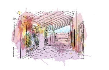 Cordoba 'nın simgesi olan Print Building View, Meksika' da bir şehirdir. Vektörde elle çizilmiş resim ile suluboya sıçraması.