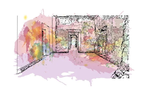 Cordoba 'nın simgesi olan Print Building View, Meksika' da bir şehirdir. Vektörde elle çizilmiş resim ile suluboya sıçraması.