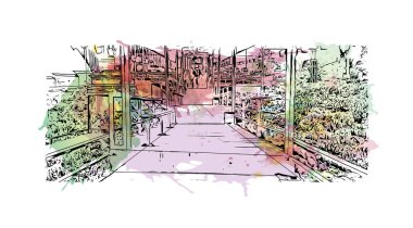 Print Building view with landmark of Da Lat is the city in Vietnam. Vektörde elle çizilmiş resim ile suluboya sıçraması.