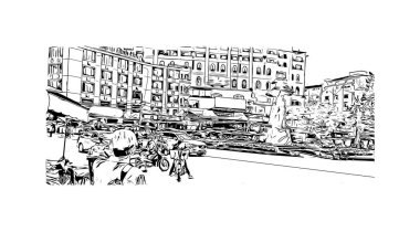 Print Building view with landmark of Da Lat is the city in Vietnam. Vektörde elle çizilmiş çizim çizimi.