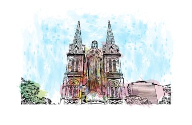 Print Building view with landmark of Da Nang, Vietnam 'da bir belediyedir. Vektörde elle çizilmiş resim ile suluboya sıçraması.