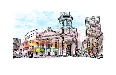 Print Building view with landmark of Curitiba is the city in Brazil. Vektörde elle çizilmiş resim ile suluboya sıçraması
