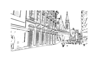 Print Building view with landmark of Curitiba is the city in Brazil. Hand drawn sketch illustration in vector. clipart