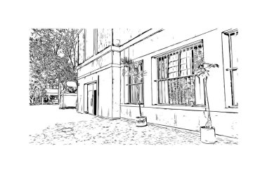 Ciudad Valles 'in simgesi olan Print Building View Meksika' dadır. Vektörde elle çizilmiş çizim çizimi.