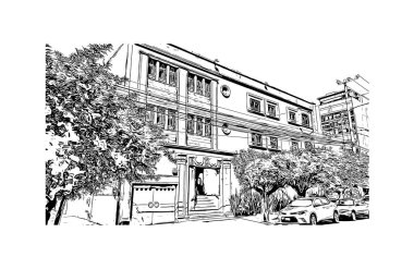 Ciudad Valles 'in simgesi olan Print Building View Meksika' dadır. Vektörde elle çizilmiş çizim çizimi.