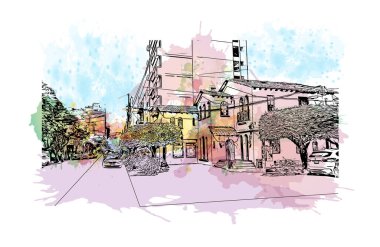 Ciudad Valles 'in simgesi olan Print Building View Meksika' dadır. Vektör içinde elle çizilmiş çizim eşkali ile suluboya sıçraması.