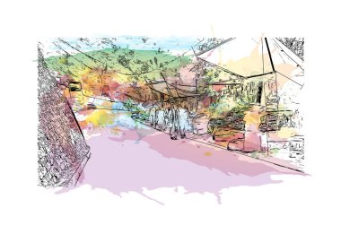 Darjeeling 'in simgesi olan Print Building Manzarası Hindistan' ın kentidir. Vektör içinde elle çizilmiş çizim eşkali ile suluboya sıçraması.