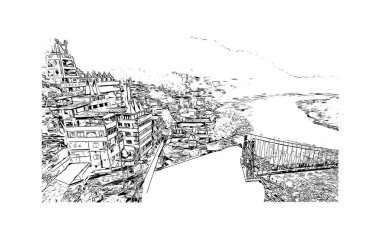 Dehradun 'un simgesi olan Print Building View, Hindistan' da bir şehirdir. Vektörde elle çizilmiş çizim çizimi.