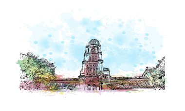 Print Building view with landmark of Dawei is the city in Myanmar. Vektör içinde elle çizilmiş çizim eşkali ile suluboya sıçraması.