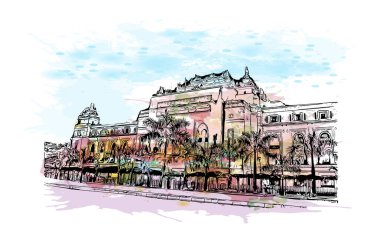 Print Building view with landmark of Dawei is the city in Myanmar. Vektör içinde elle çizilmiş çizim eşkali ile suluboya sıçraması.