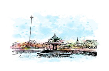 Print Building view with landmark of Dawei is the city in Myanmar. Vektör içinde elle çizilmiş çizim eşkali ile suluboya sıçraması.