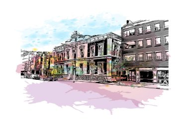 Delft 'in simgesi olan Print Building View Hollanda' da yer almaktadır. Vektör içinde elle çizilmiş çizim eşkali ile suluboya sıçraması.